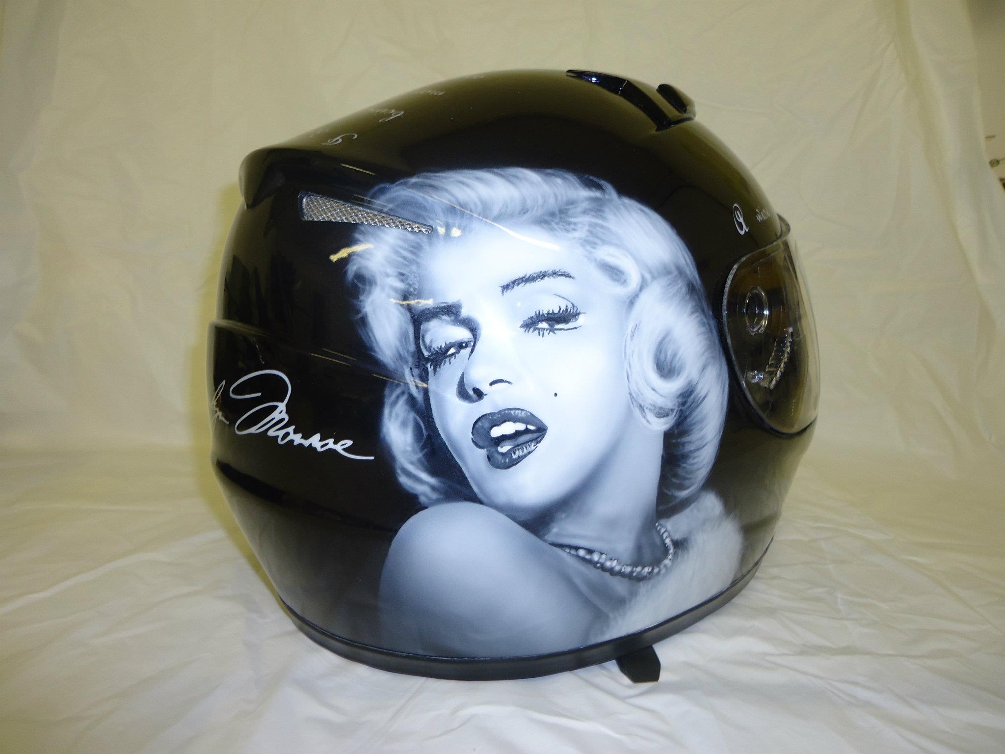Airbrushed Painting of a Helmet with a Marilyn Monroe image
